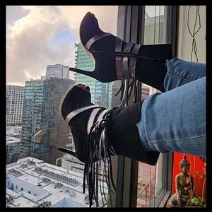 Made in Italy Open Toe 100% All Leather Ankle Booties with Tassels Detailing